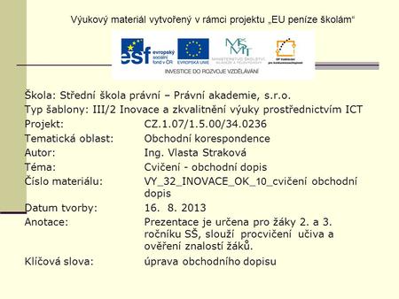 Výukový materiál vytvořený v rámci projektu „EU peníze školám“