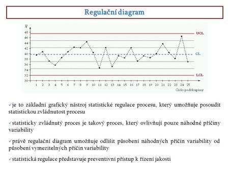Regulační diagram je to základní grafický nástroj statistické regulace procesu, který umožňuje posoudit statistickou zvládnutost procesu statisticky zvládnutý.