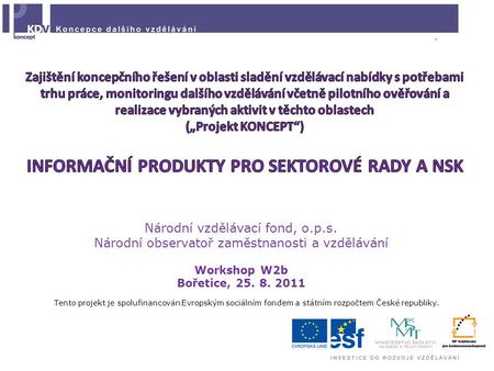 Národní vzdělávací fond, o.p.s. Národní observatoř zaměstnanosti a vzdělávání Workshop W2b Bořetice, 25. 8. 2011 Tento projekt je spolufinancován Evropským.