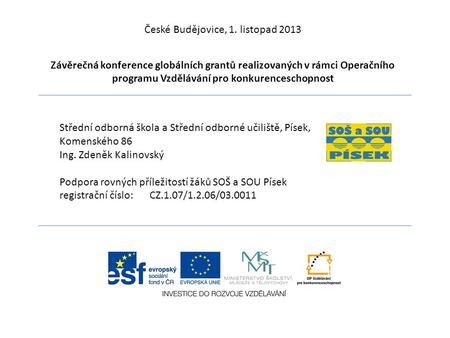 České Budějovice, 1. listopad 2013 Závěrečná konference globálních grantů realizovaných v rámci Operačního programu Vzdělávání pro konkurenceschopnost.