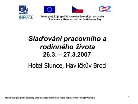1 Modelový program podpory slaďování profesního a rodinného života – kraj Vysočina Tento projekt je spolufinancován Evropským sociálním fondem a státním.