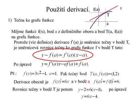 Použití derivací. a f(a) T t 1) Tečna ke grafu funkce