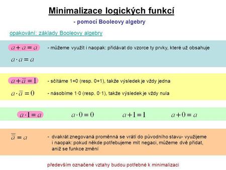 Minimalizace logických funkcí - pomocí Booleovy algebry