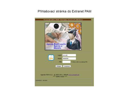 Přihlašovací stránka do Extranet PAM. Hlavní nabídka s vyhledávacími nástroji.