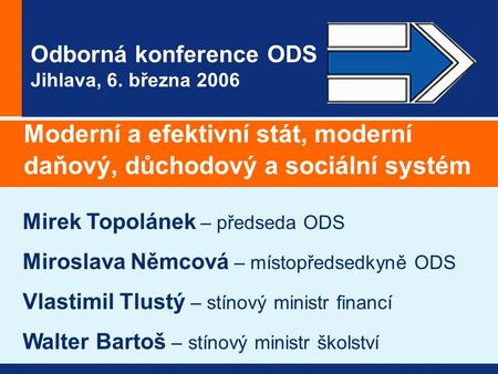 Odborná konference ODS Jihlava, 6. března 2006 Moderní a efektivní stát, moderní daňový, důchodový a sociální systém Mirek Topolánek – předseda ODS Miroslava.