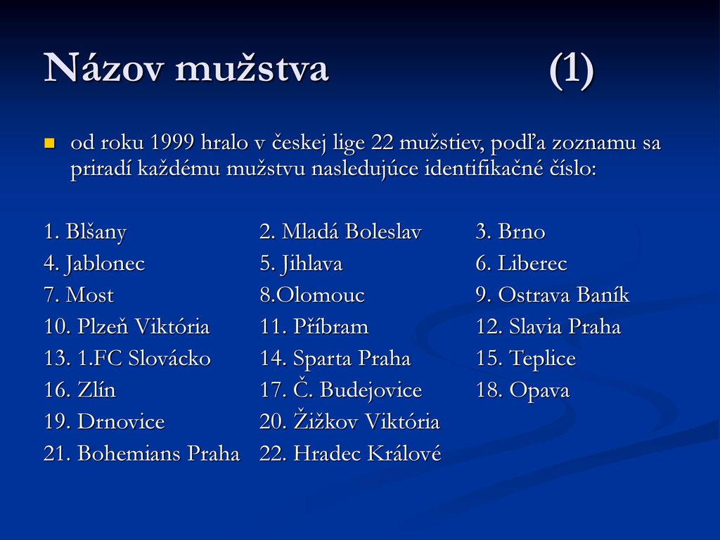 Názov mužstva (1) od roku 1999 hralo v českej lige 22 mužstiev, podľa zoznamu sa priradí každému mužstvu nasledujúce identifikačné číslo: