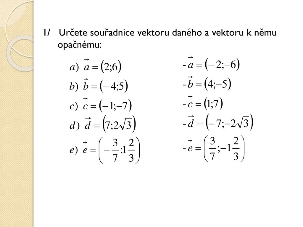 1/ Určete souřadnice vektoru daného a vektoru k němu opačnému: