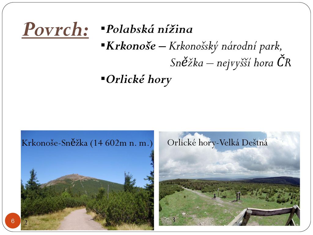 Povrch: ▪Polabská nížina ▪Krkonoše – Krkonošský národní park,