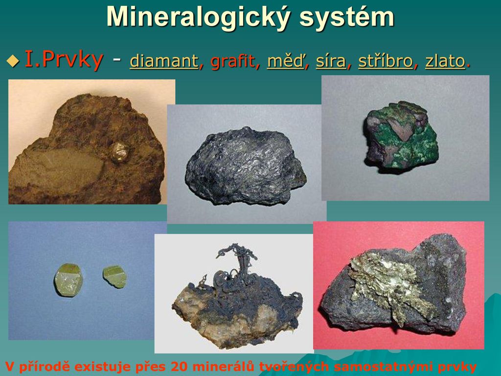 Mineralogický systém I.Prvky - diamant, grafit, měď, síra, stříbro, zlato.