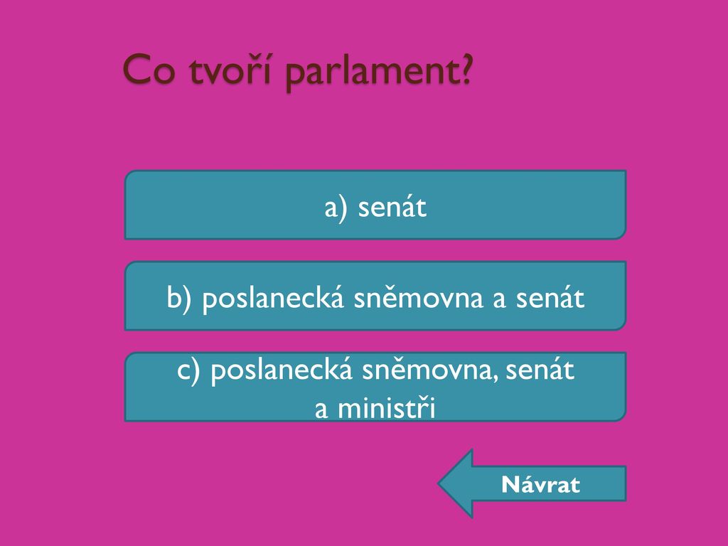 Co tvoří parlament a) senát b) poslanecká sněmovna a senát