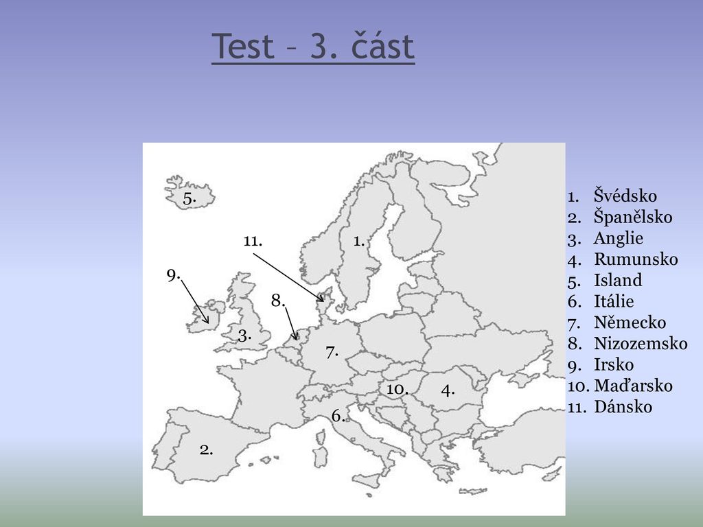 Test – 3. část 5. Švédsko Španělsko Anglie Rumunsko Island Itálie