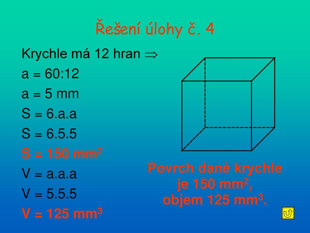 Řešení úlohy č. 4 Krychle má 12 hran  a = 60:12 a = 5 mm S = 6.a.a