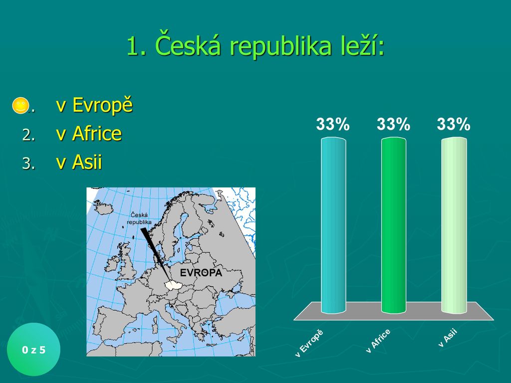 1. Česká republika leží: v Evropě v Africe v Asii 0 z 5