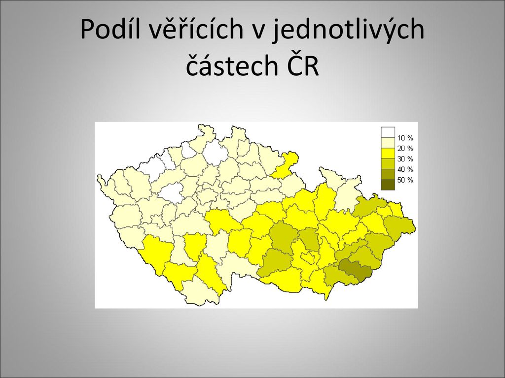 Podíl věřících v jednotlivých částech ČR