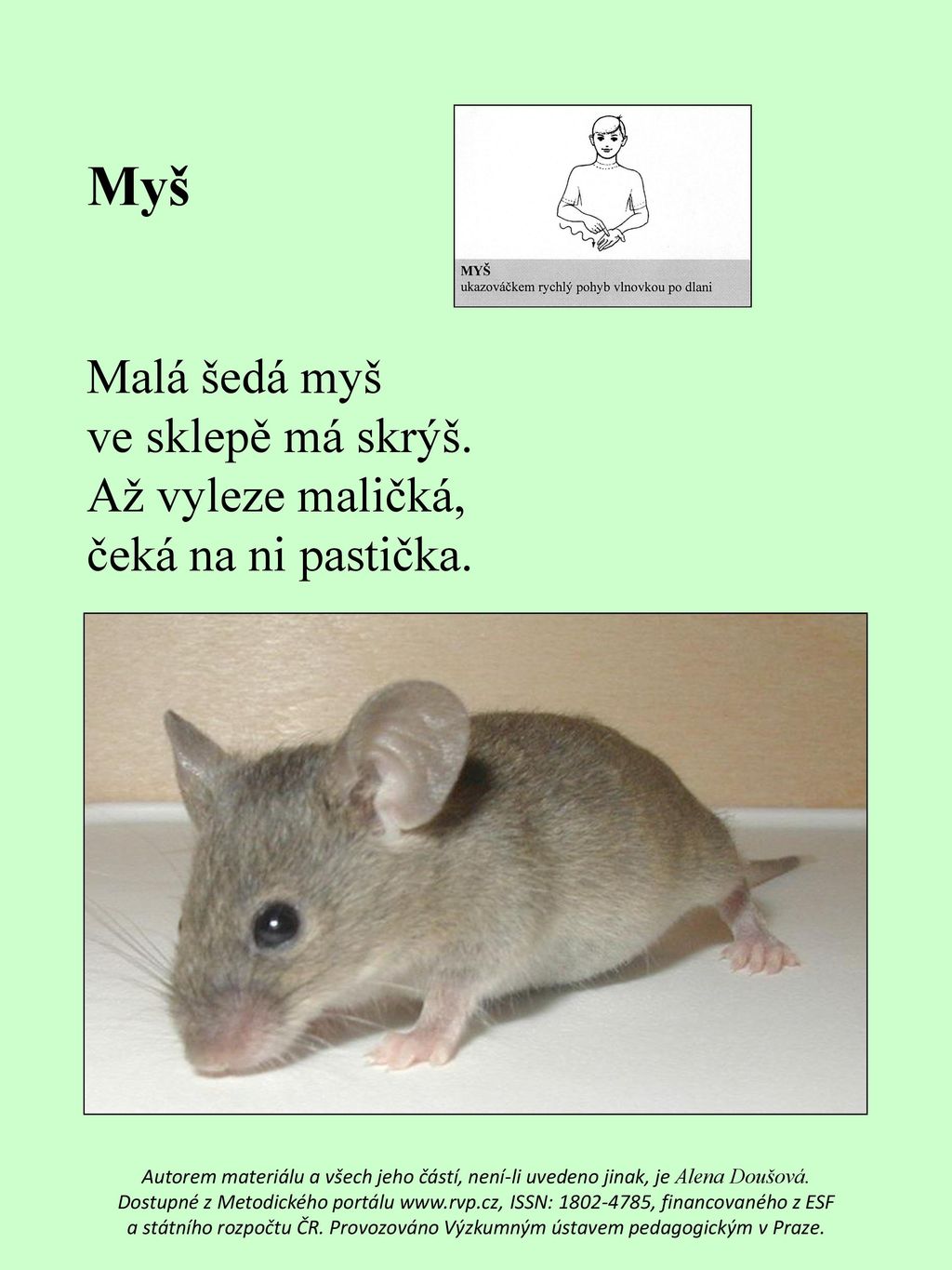 Myš Malá šedá myš ve sklepě má skrýš. Až vyleze maličká,