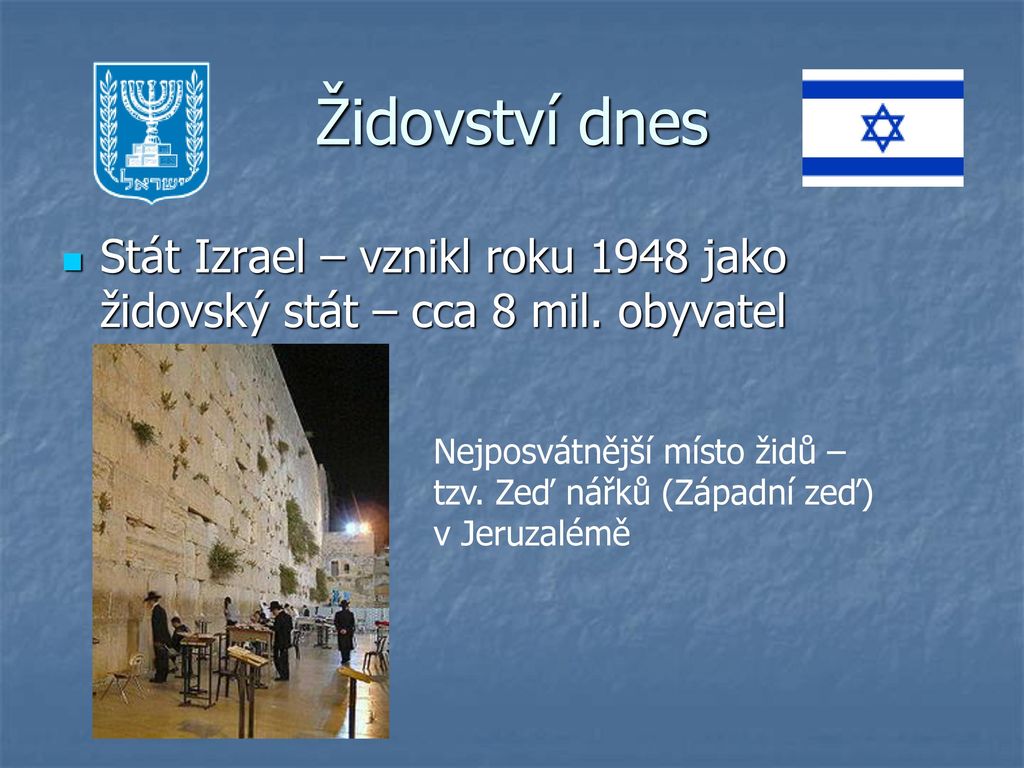 Židovství dnes Stát Izrael – vznikl roku 1948 jako židovský stát – cca 8 mil. obyvatel.