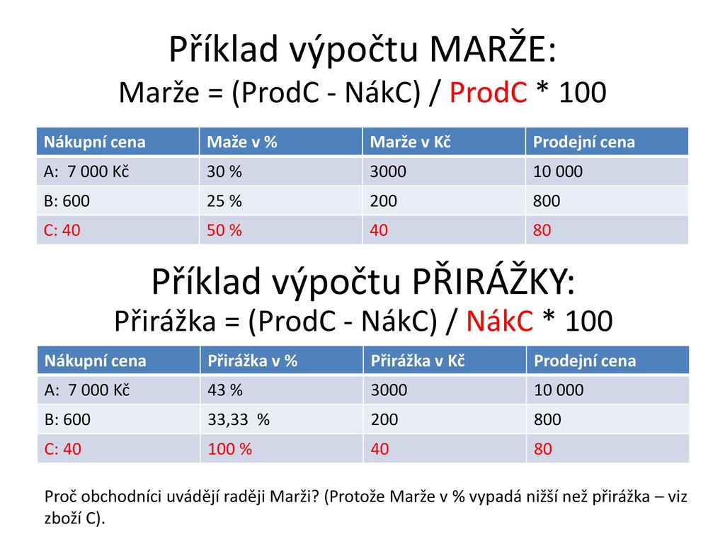 Příklad výpočtu MARŽE: Marže = (ProdC - NákC) / ProdC * 100