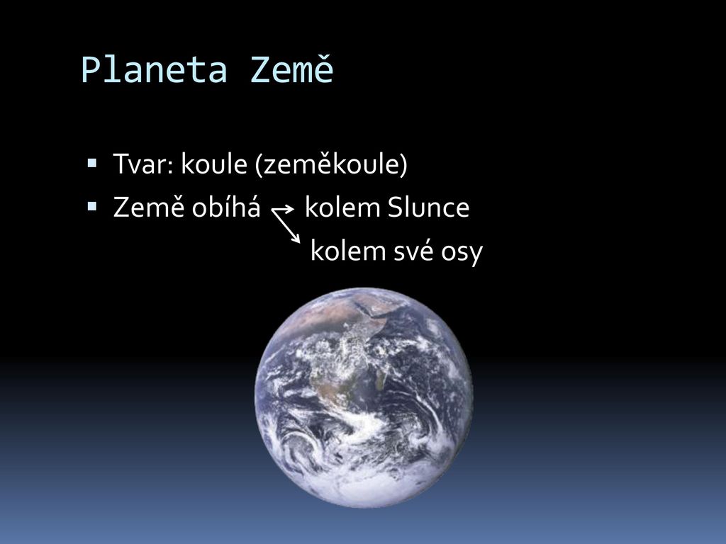 Planeta Země Tvar: koule (zeměkoule) Země obíhá kolem Slunce