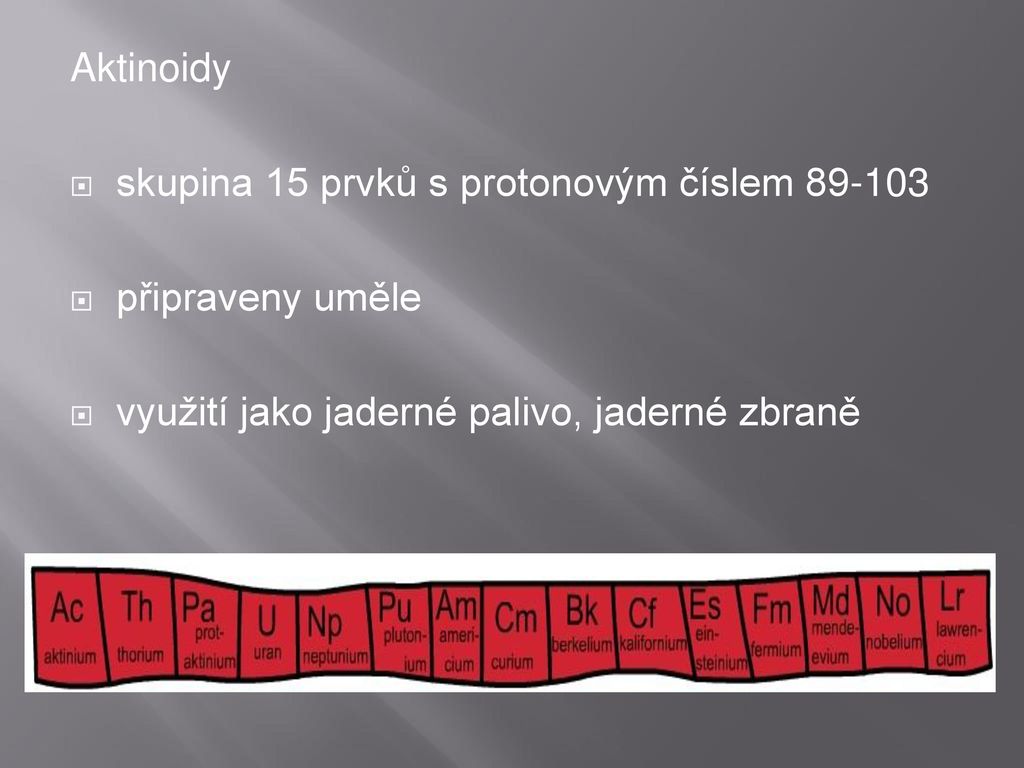 Aktinoidy skupina 15 prvků s protonovým číslem