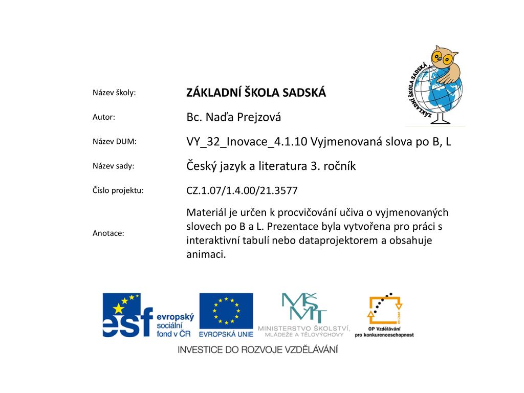 VY_32_Inovace_ Vyjmenovaná Slova Po B, L - Ppt Stáhnout