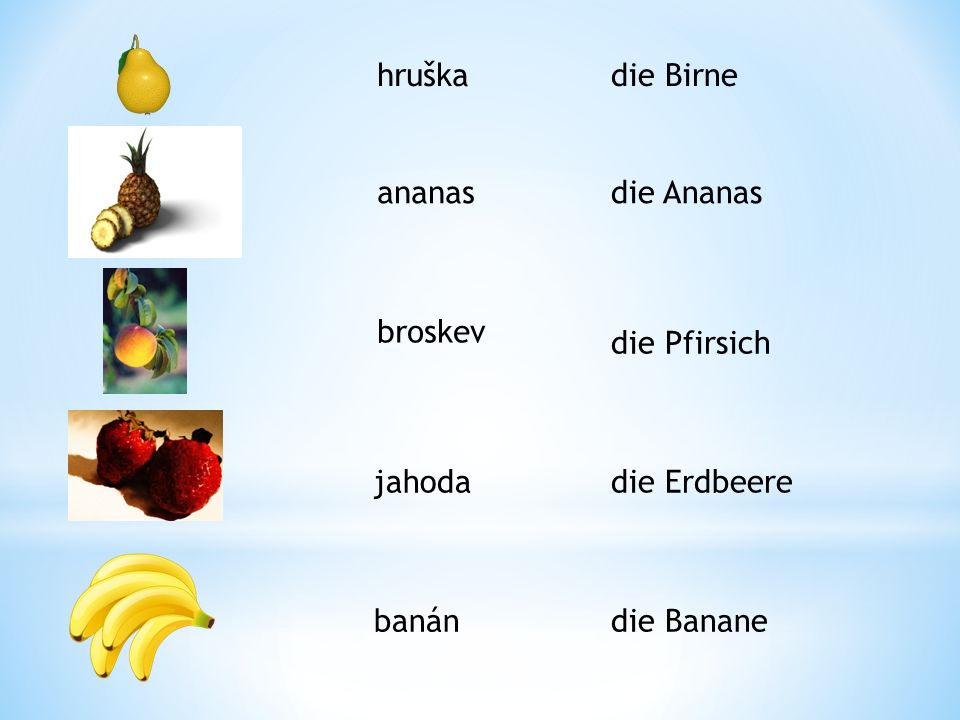 hruška die Birne ananas die Ananas broskev die Pfirsich jahoda die Erdbeere banán die Banane