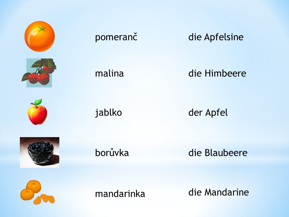 pomeranč die Apfelsine. malina. die Himbeere. jablko. der Apfel. borůvka. die Blaubeere. mandarinka.