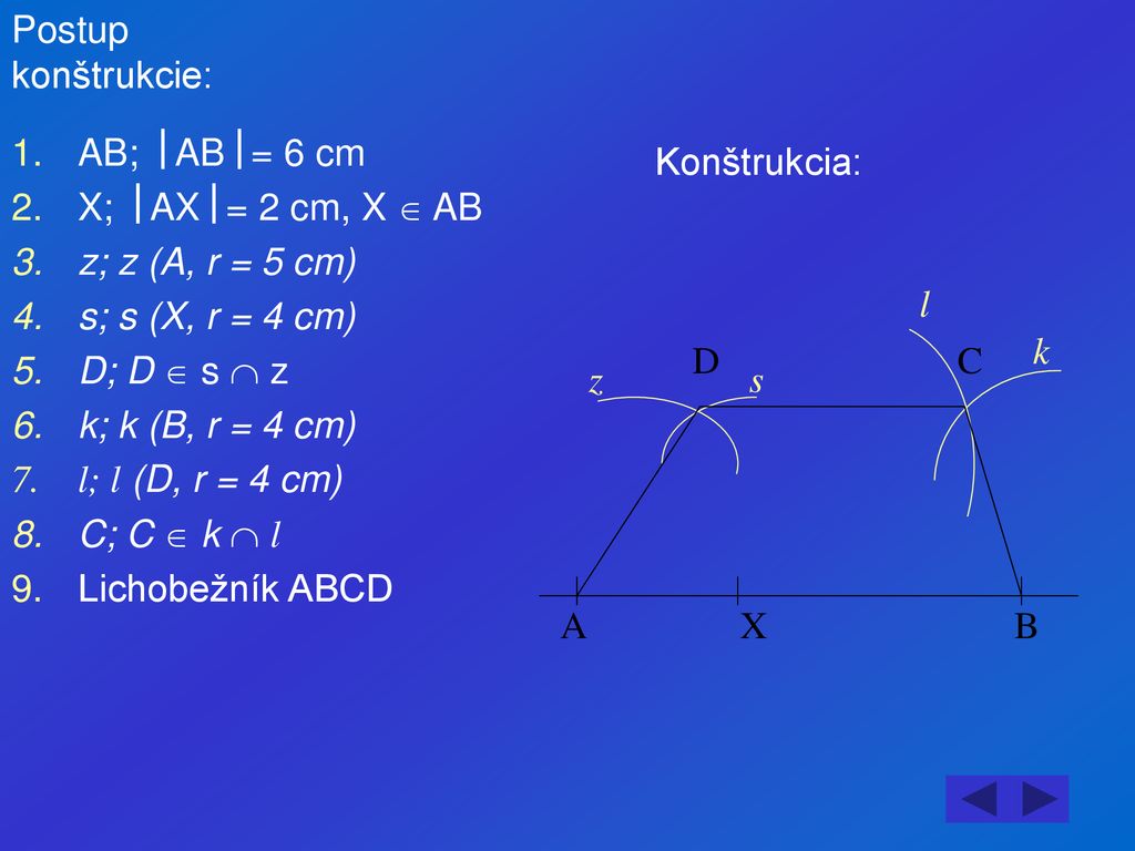 Postup konštrukcie: AB; AB= 6 cm. X; AX= 2 cm, X  AB. z; z (A, r = 5 cm) s; s (X, r = 4 cm)