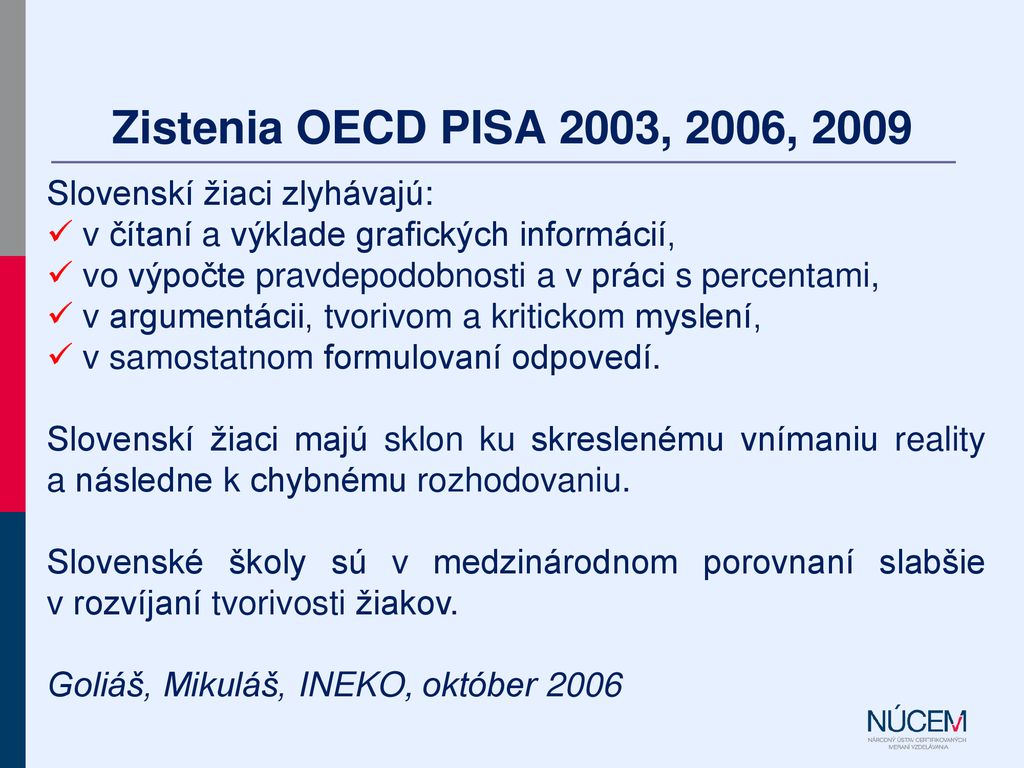 Zistenia OECD PISA 2003, 2006, 2009 Slovenskí žiaci zlyhávajú: