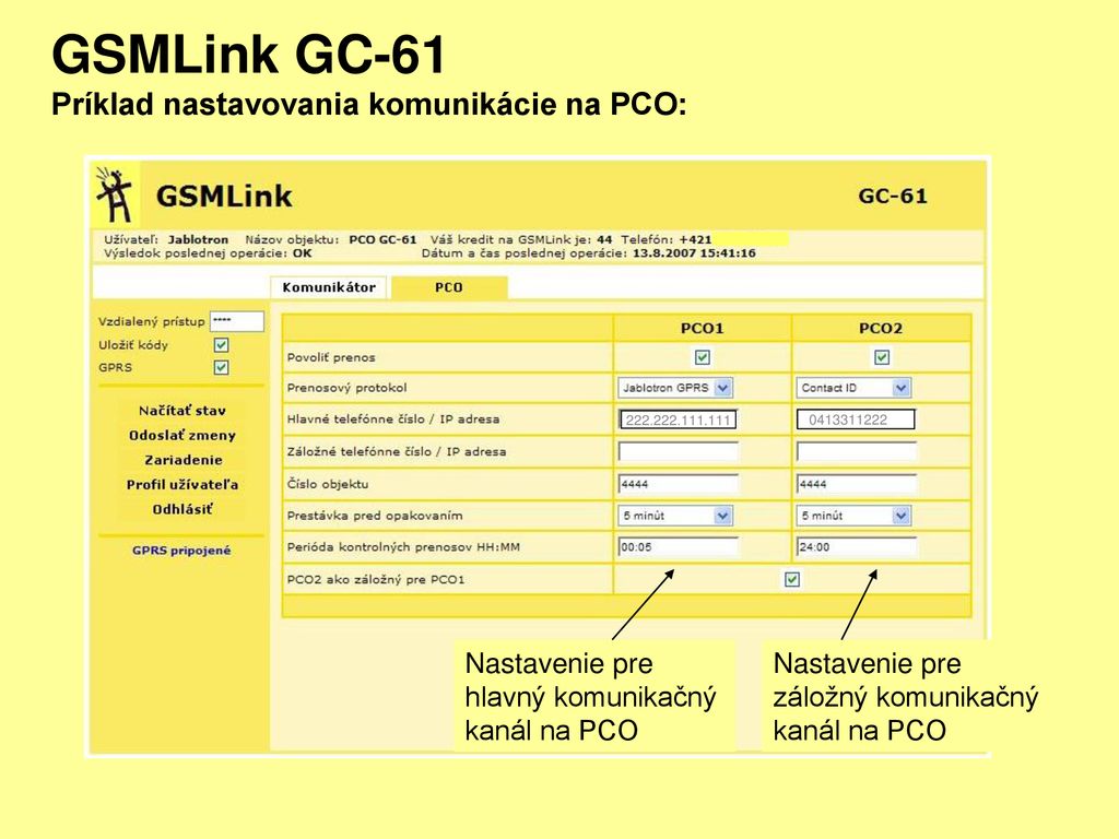 GSMLink GC-61 Príklad nastavovania komunikácie na PCO: