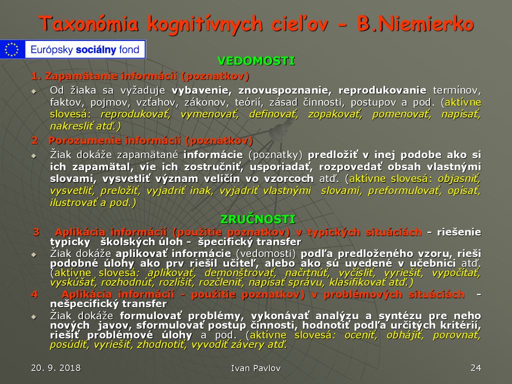 Taxonómia kognitívnych cieľov - B.Niemierko