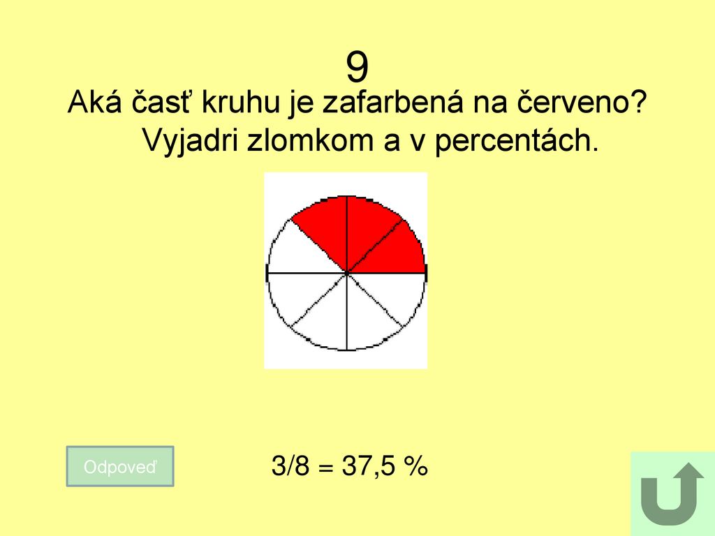 9 Aká časť kruhu je zafarbená na červeno Vyjadri zlomkom a v percentách. Odpoveď 3/8 = 37,5 %