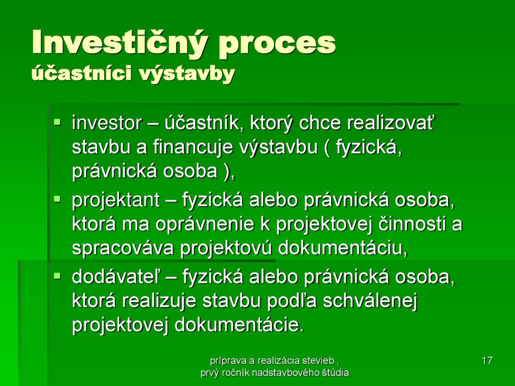 Investičný proces účastníci výstavby