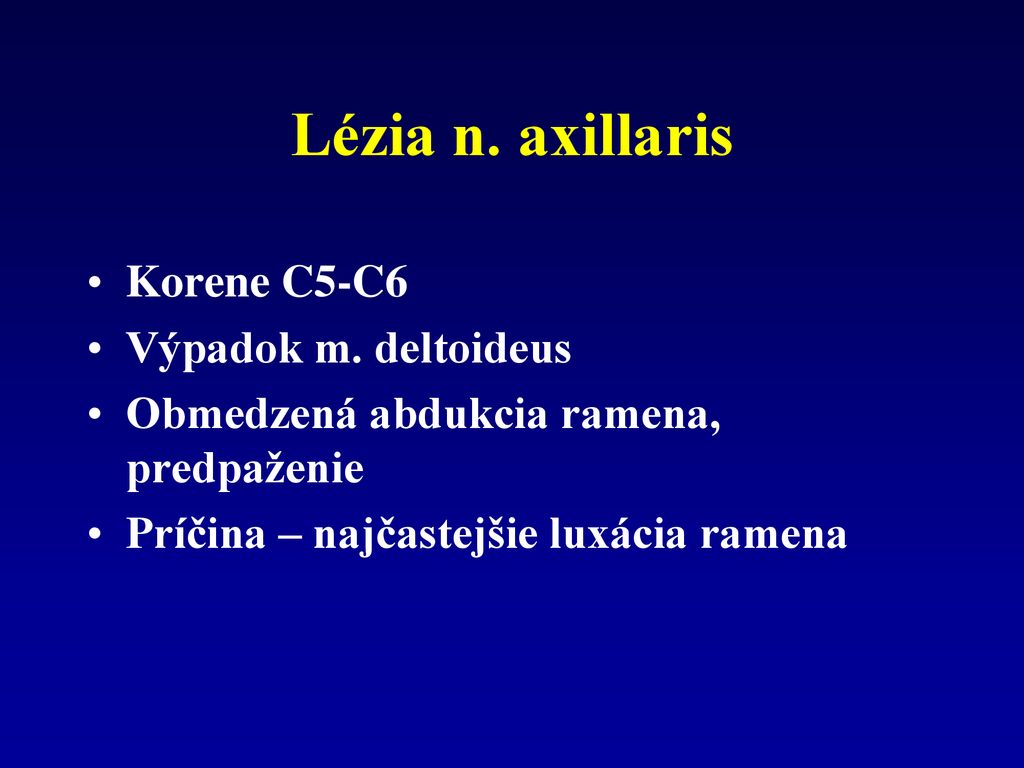 Lézia n. axillaris Korene C5-C6 Výpadok m. deltoideus