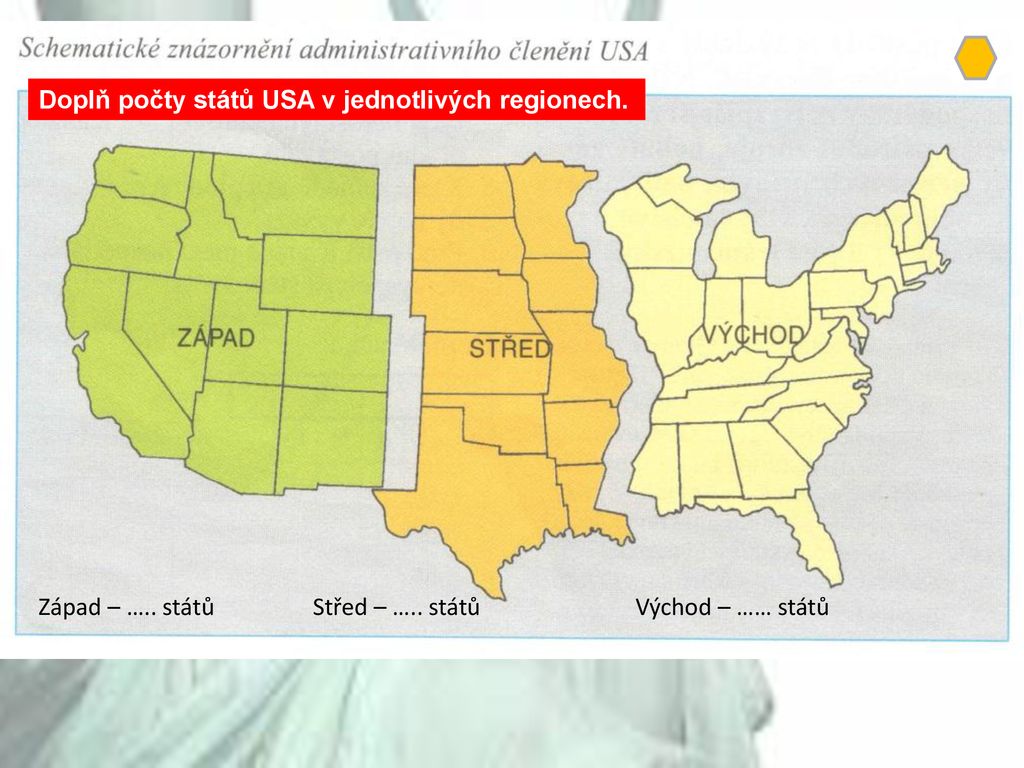 Doplň počty států USA v jednotlivých regionech.