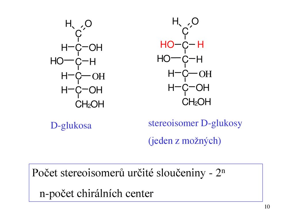 Počet stereoisomerů určité sloučeniny - 2n n-počet chirálních center