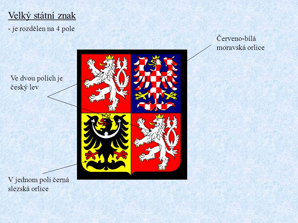 Velký státní znak - je rozdělen na 4 pole Červeno-bílá moravská orlice