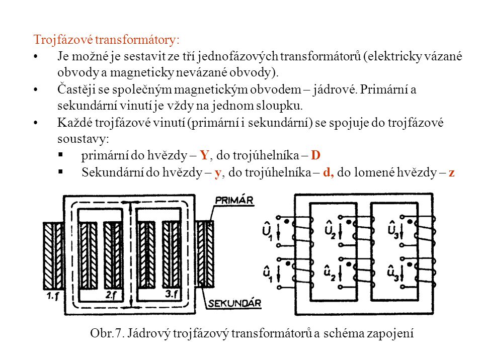 Obr.7. Jádrový trojfázový transformátorů a schéma zapojení