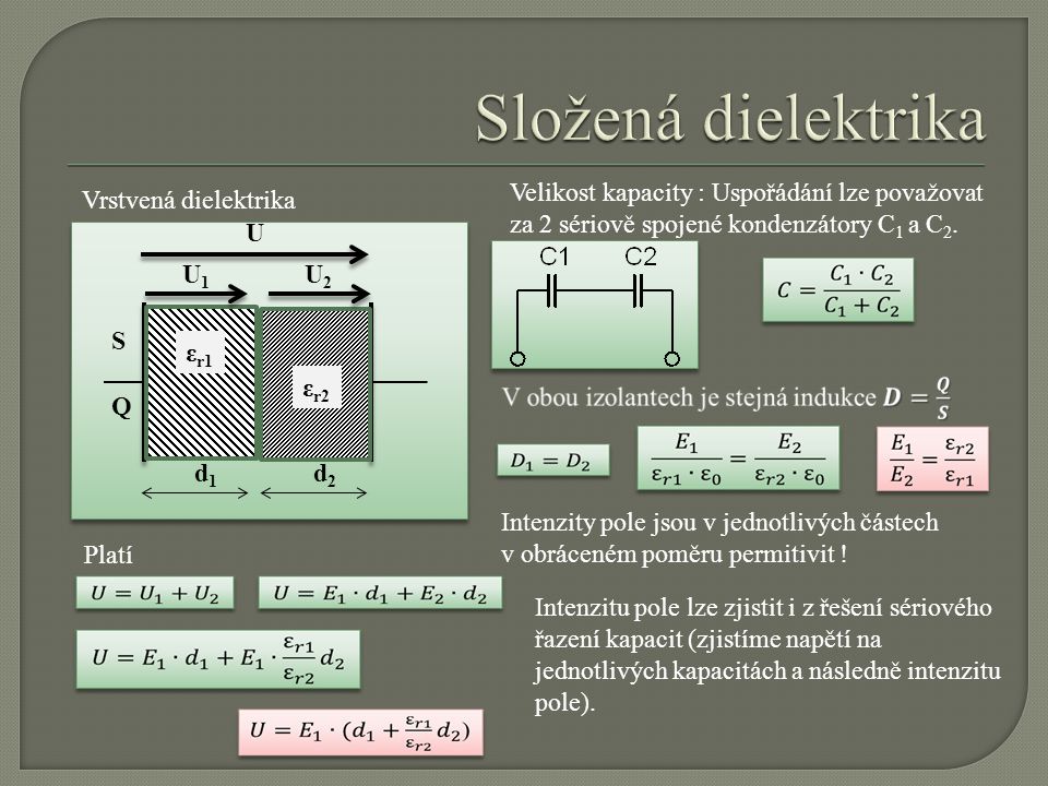 Složená dielektrika Velikost kapacity : Uspořádání lze považovat za 2 sériově spojené kondenzátory C1 a C2.
