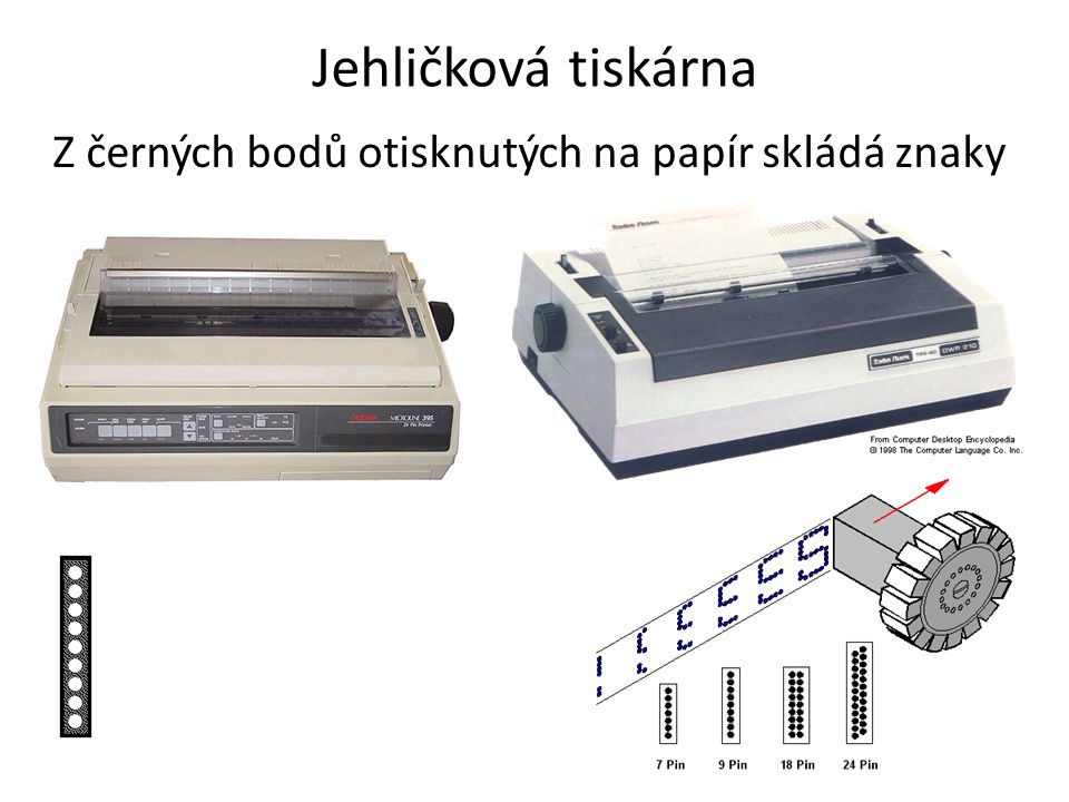 Jehličková tiskárna Z černých bodů otisknutých na papír skládá znaky