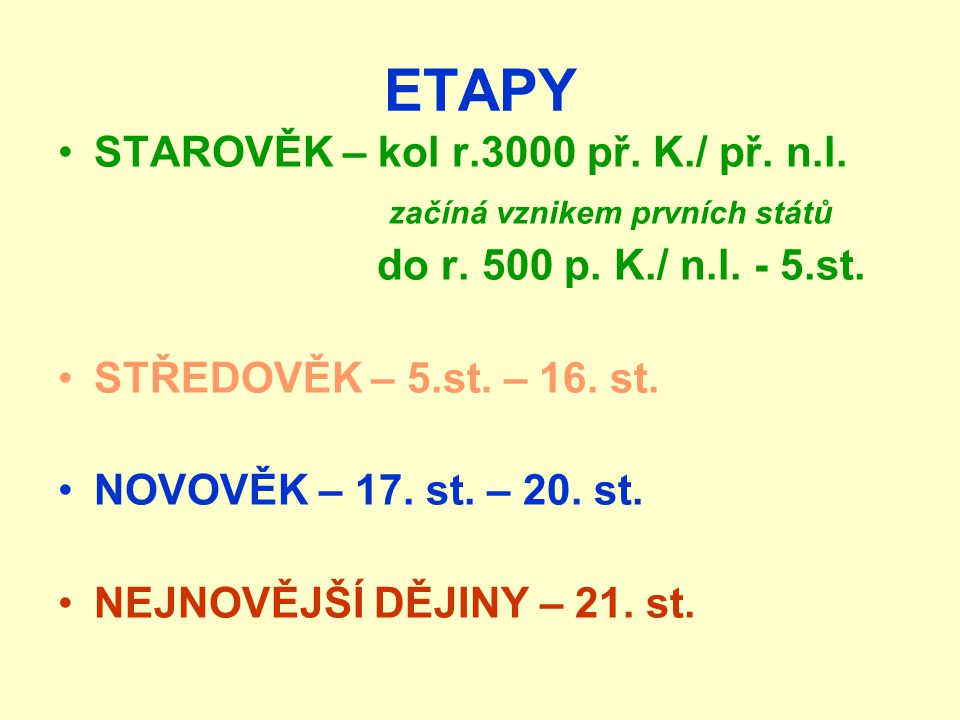 ETAPY STAROVĚK – kol r.3000 př. K./ př. n.l.