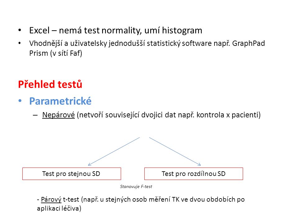Přehled testů Parametrické Excel – nemá test normality, umí histogram