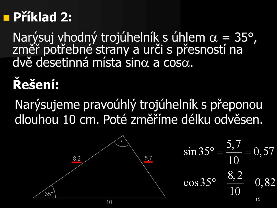 Příklad 2: Narýsuj vhodný trojúhelník s úhlem  = 35°, změř potřebné strany a urči s přesností na dvě desetinná místa sin a cos.