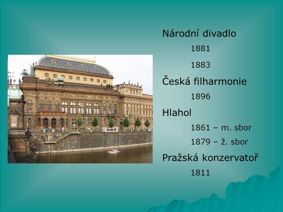 Národní divadlo 1883 Česká filharmonie Hlahol Pražská konzervatoř 1896