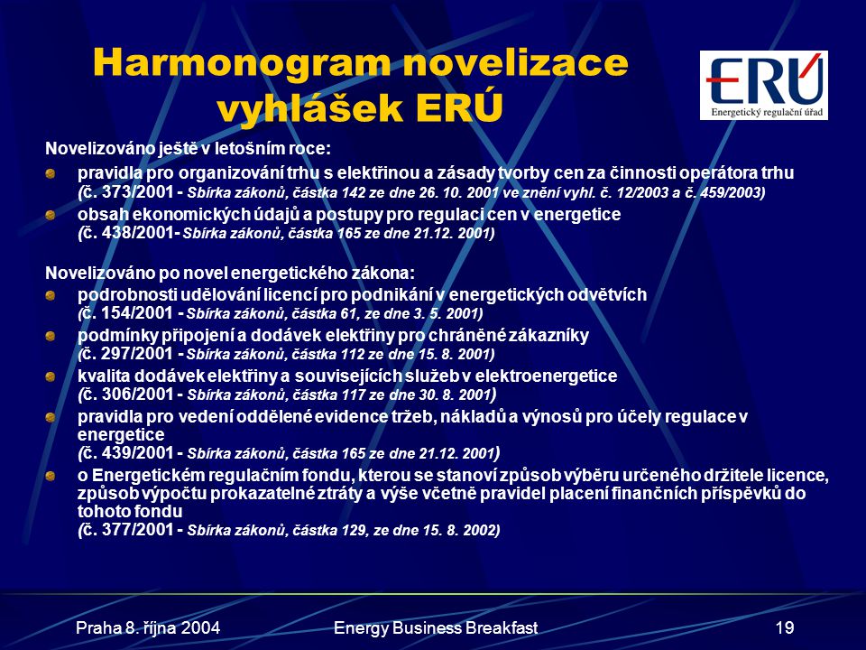 Harmonogram novelizace vyhlášek ERÚ