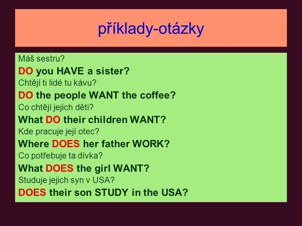 příklady-otázky DO you HAVE a sister DO the people WANT the coffee