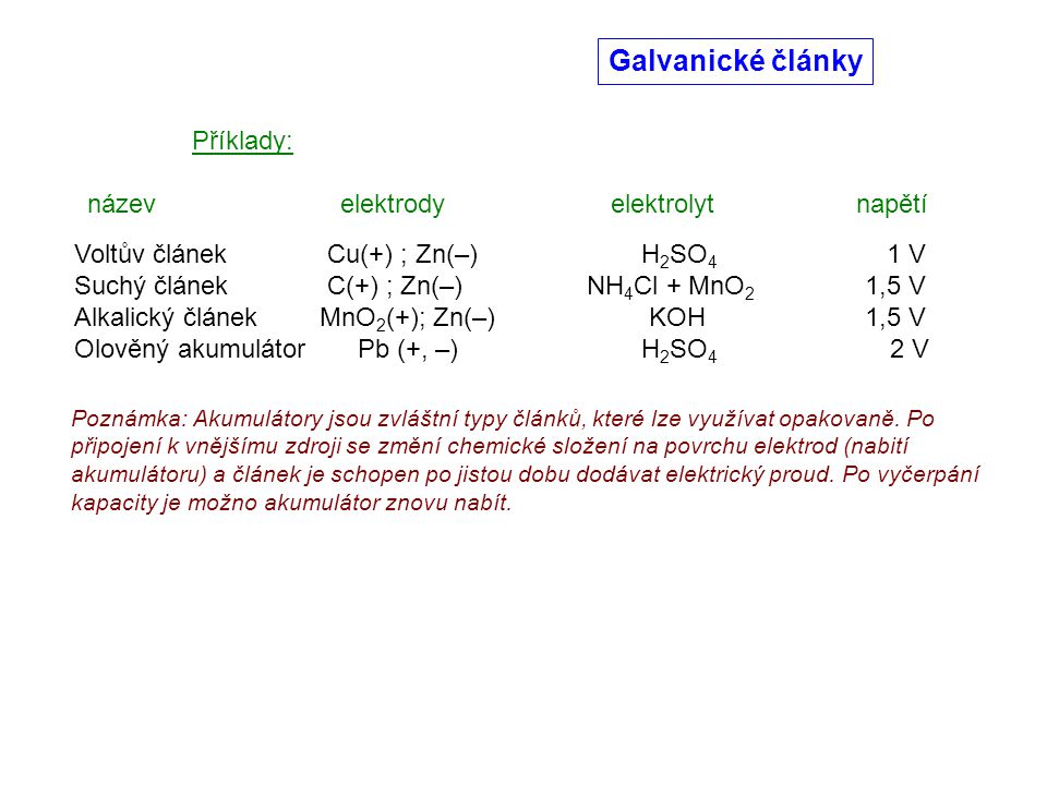 Galvanické články Příklady: název elektrody elektrolyt napětí