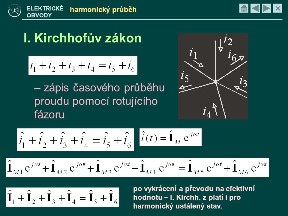harmonický průběh I. Kirchhofův zákon. zápis časového průběhu proudu pomocí rotujícího fázoru.