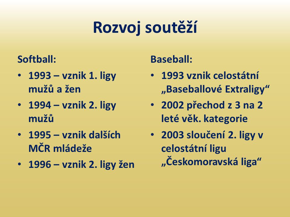 Rozvoj soutěží Softball: 1993 – vznik 1. ligy mužů a žen