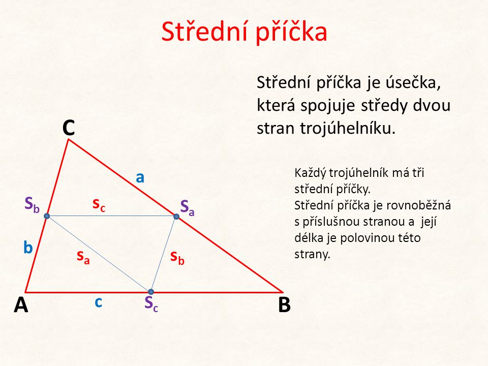 Střední příčka Střední příčka je úsečka, která spojuje středy dvou stran trojúhelníku. C. a. Každý trojúhelník má tři střední příčky.