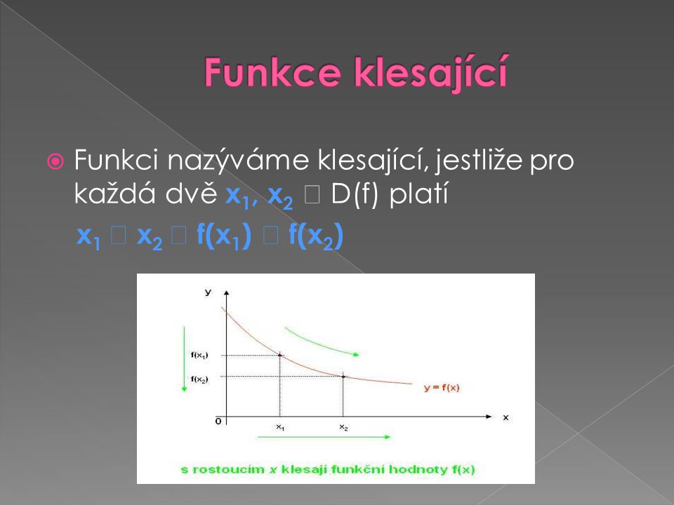 Funkce klesající Funkci nazýváme klesající, jestliže pro každá dvě x1, x2  D(f) platí.